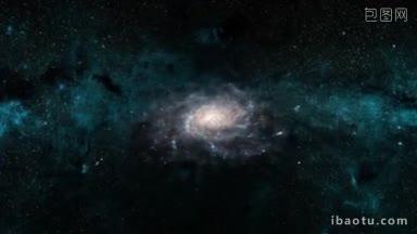 穿过太空中的恒星场和<strong>星云</strong>，发现了一个旋转的螺旋星系
